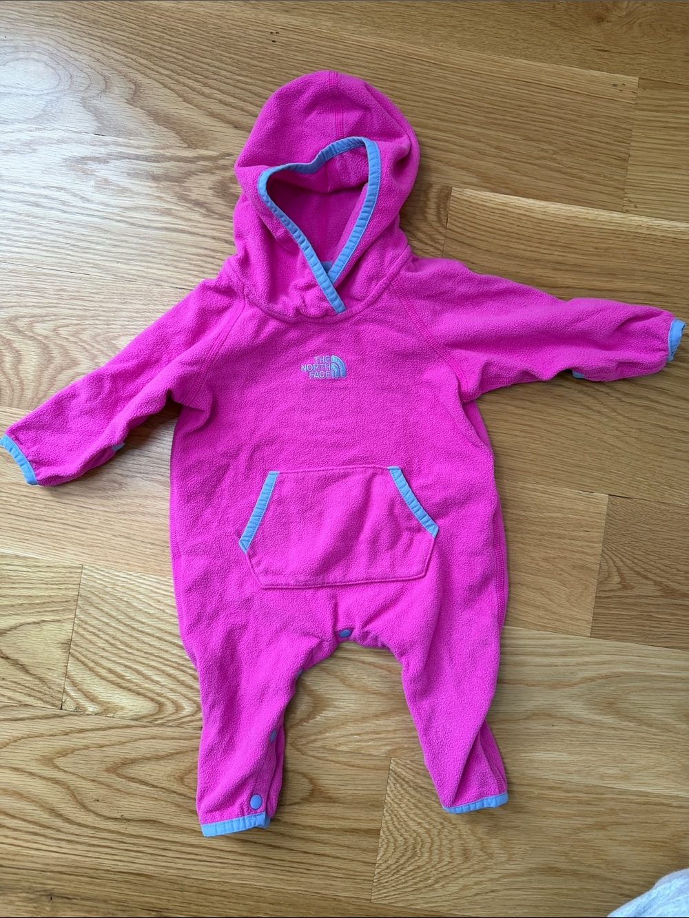 The North Face Bright Pink Fleece Hooded One-Piece with Purple Trim